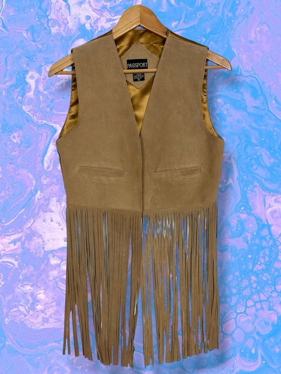 Vintage Jackets & Blazers - Genuine Leather Suede Boho Western Fringe Open Cropped Vest Tan Festival Rodeo